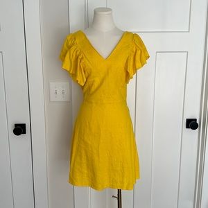 Bright Yellow Linen Mini Dress with Ruffle Sleeves
